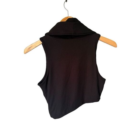 Naked Wardrobe Ribbed Sleeveless Cowl neck Asymmetrical Crop Top In Black - Picture 3 of 9